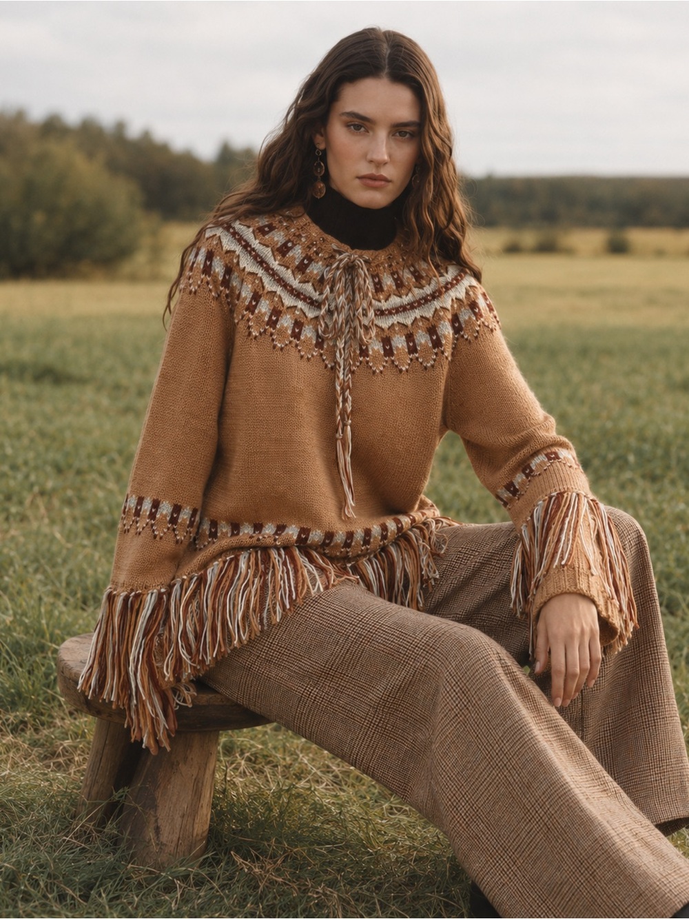 NWT Zara Limited Edition 100% Wool Jacquard Fringe Poncho Style Sweater Size S